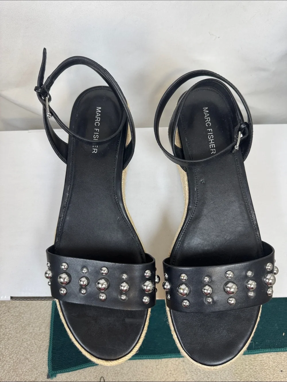 Marc Fisher Joyce Black Studded Espadrille Wedge Platform Sandal Size 10